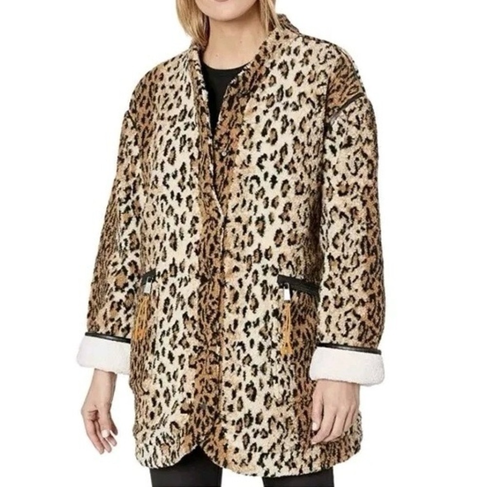 Blank NYC Leopard Print Fleece Faux Leather Trim Coat Jacket Beige Tan Sz Small